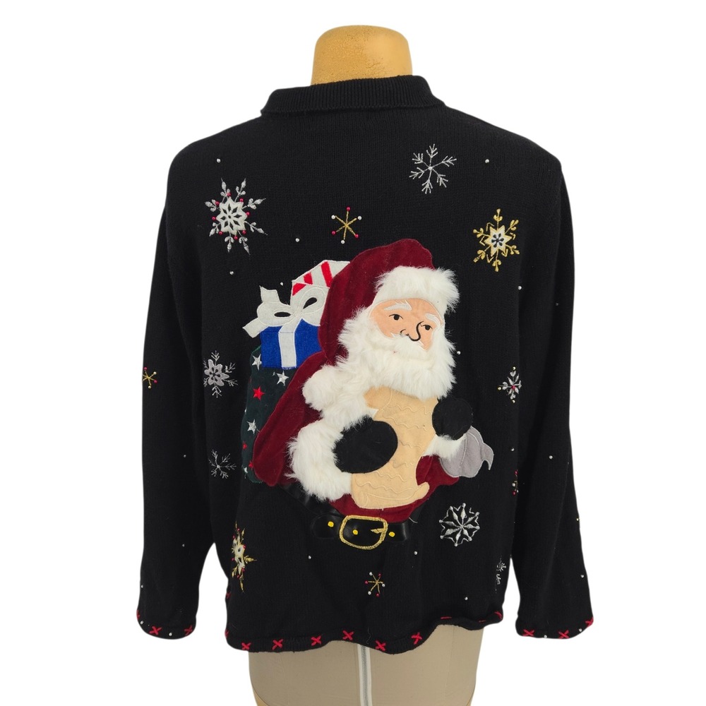 Hampshire Studio Zip Up Sweater Women 3X Black Christmas Santa Snowflake Holiday - Picture 4 of 10